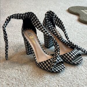 Lulu's Covington Black and White Gingham Ankle Strap Heels